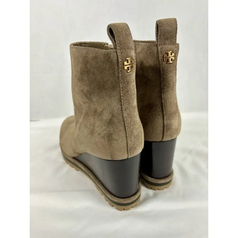 Tory Burch Wedge Boot River Rock Tan Brown Suede 8.5 M Lug Sole